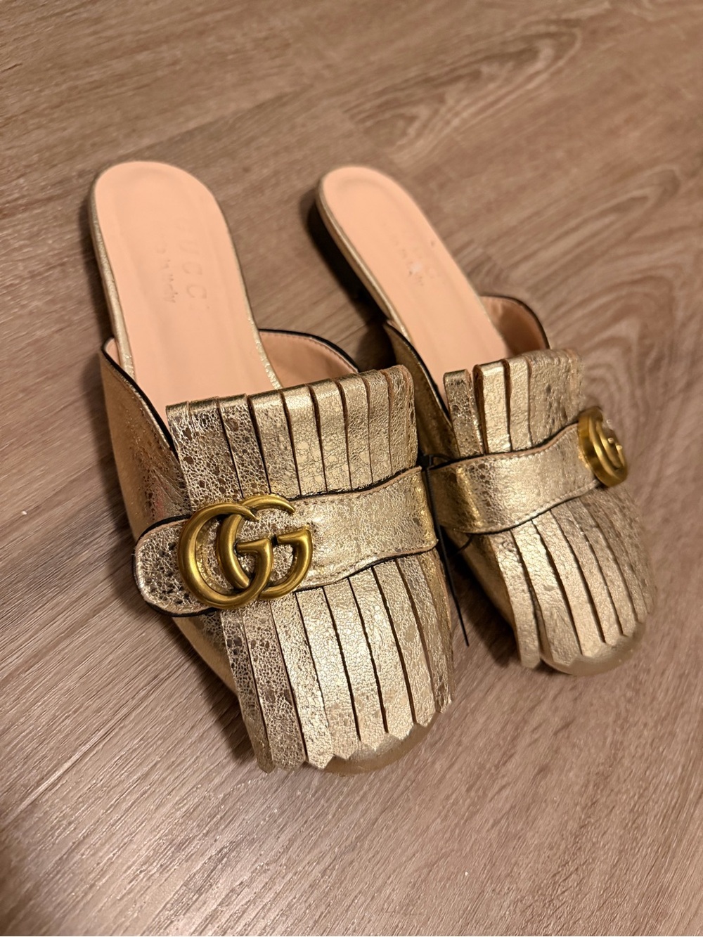 Gucci Metallic Gold Leather Fringe Mule